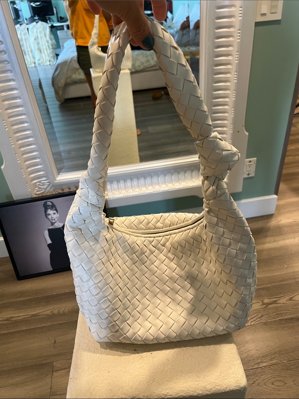 a new day Woven Cream Shoulder Bag with Braided Handle